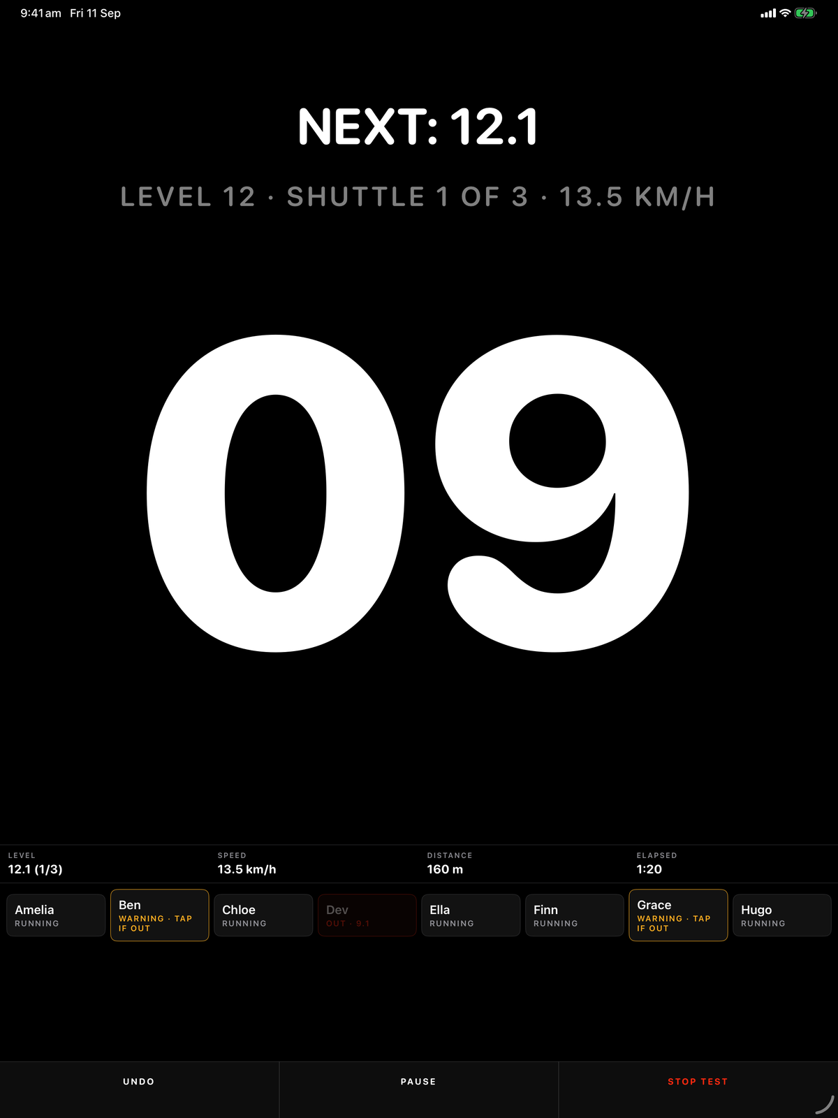 YoYo on iPad with the countdown and eight athlete tiles
