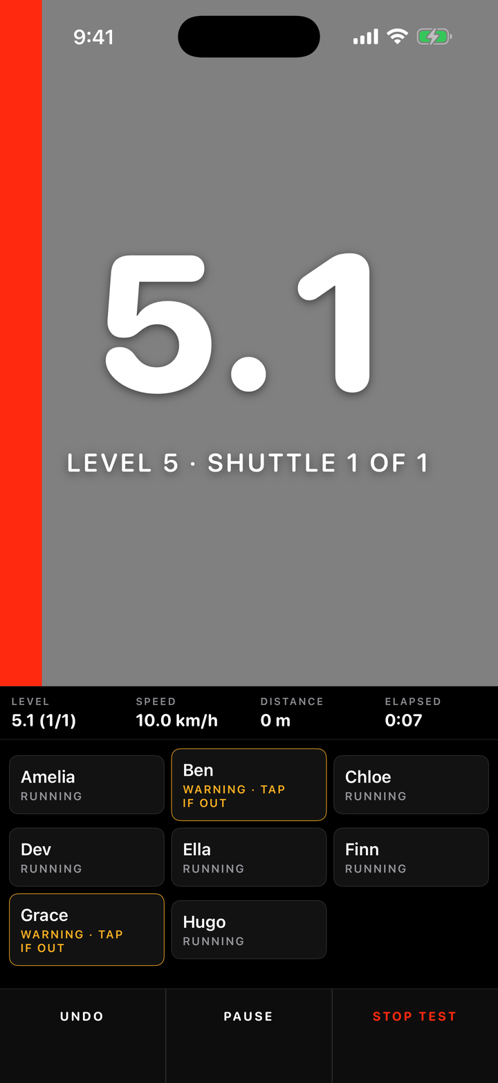 YoYo on iPhone during shuttle 5.1: green bar shrinking as the athletes run out